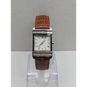Tommy Hilfiger Womens Square Crystal Quartz Watch Brown Leather New Battery Slim